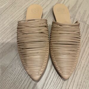 Tory Burch Beige/Tan Woven-Detail Pointed Slip-On Mules